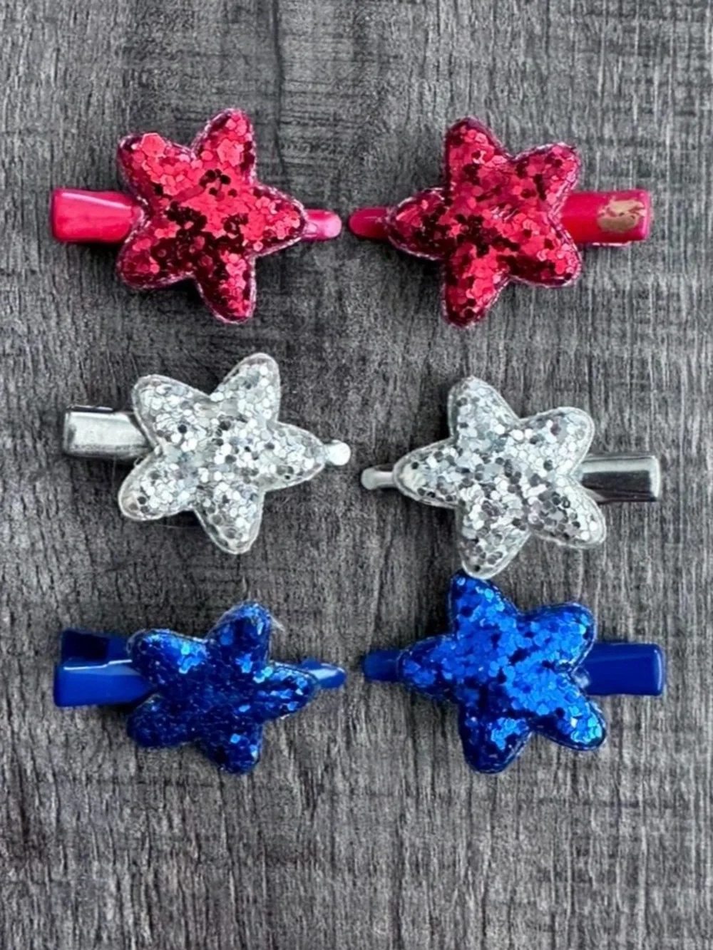 💞 Kids Patriotic Red, Silver, & Blue Glitter Star Hair Clips
